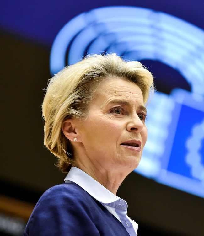 FILE PHOTO: European Commission President Ursula von der Leyen delivers a speech during a session at European Parliament in Brussels, Belgium December 16, 2020. John Thys/Pool via REUTERS/File Photo